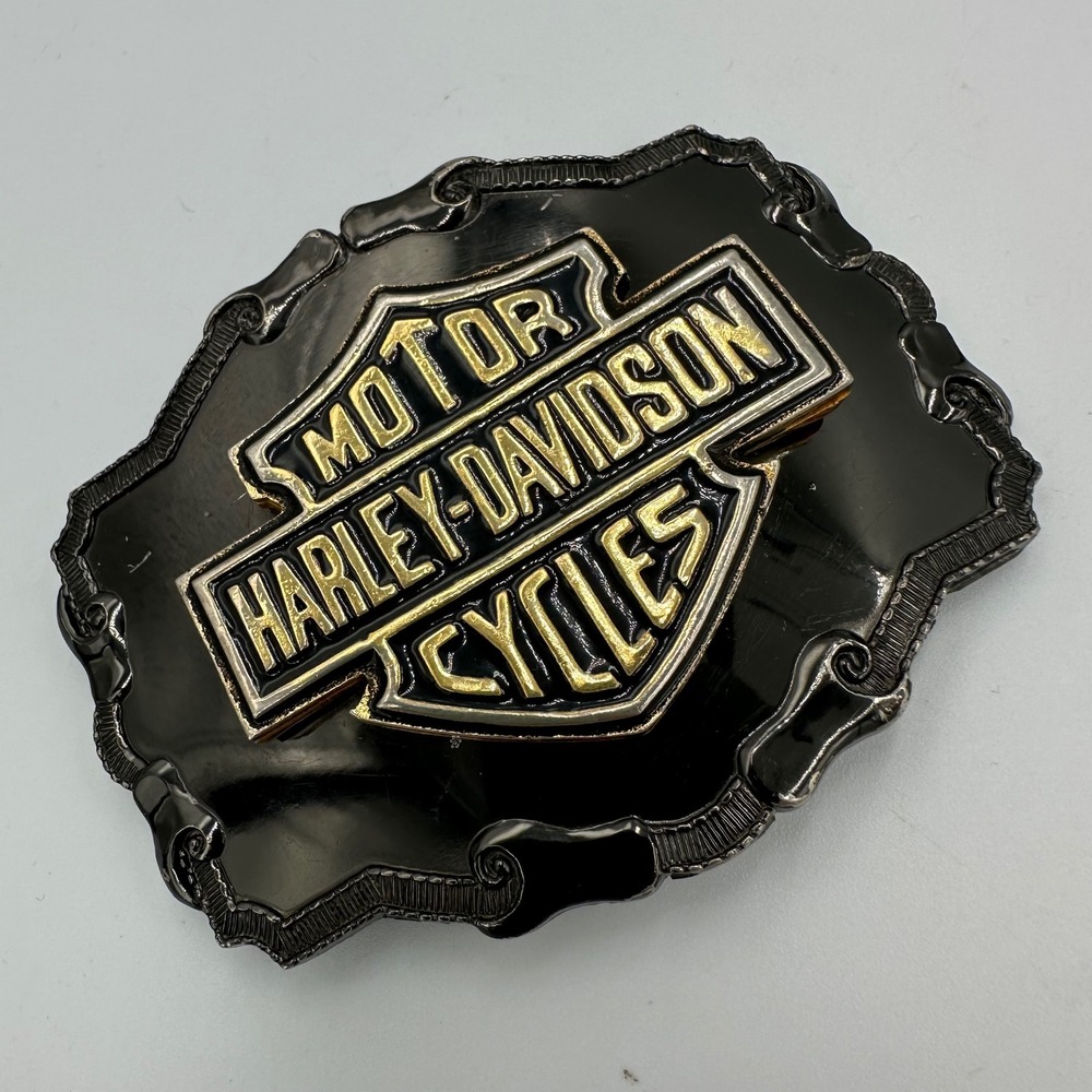 Vintage Harley-Davidson Belt Buckle OS Black Gold Bar Shield Logo Biker  western